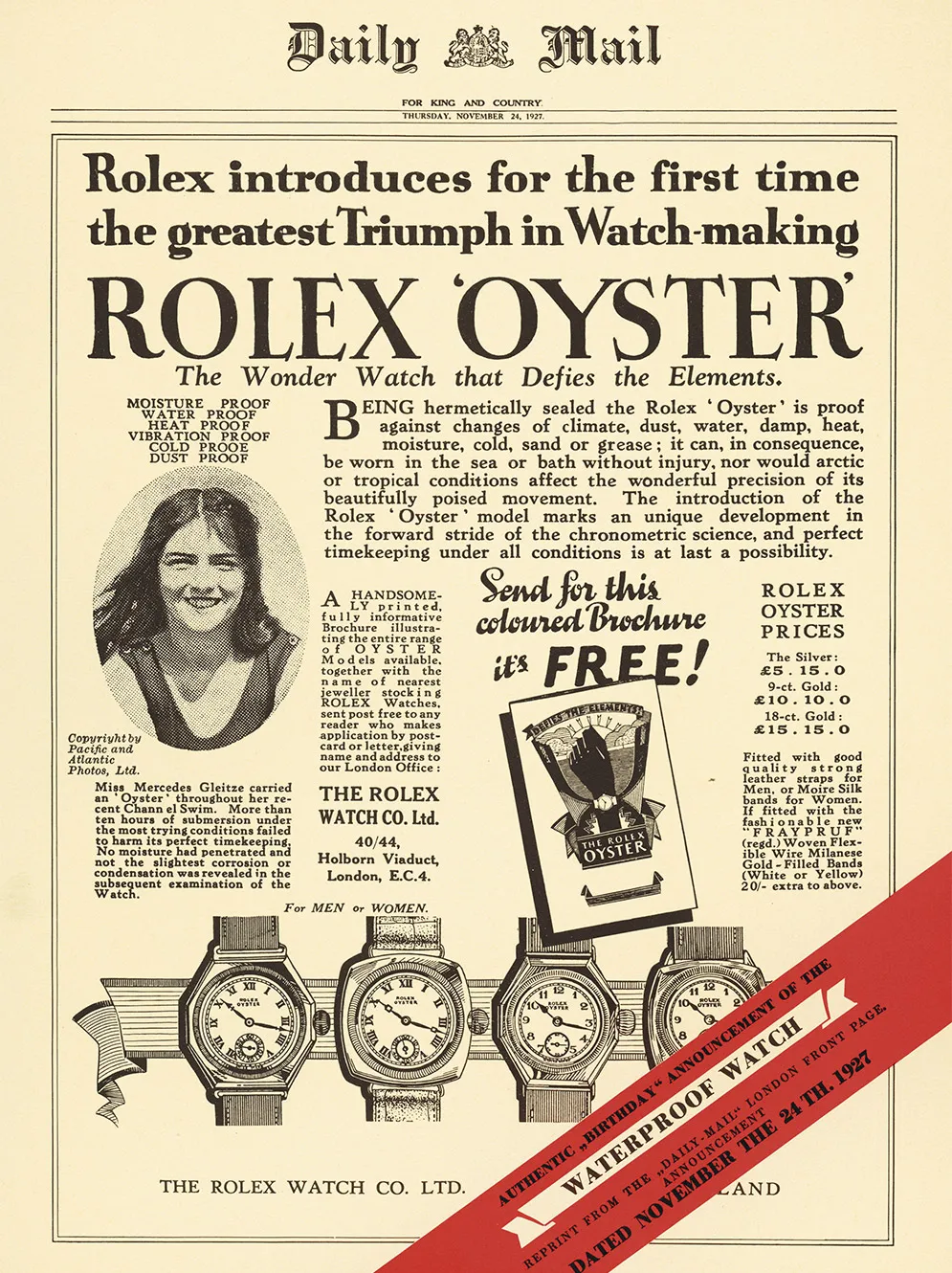Mercedes Gleitze con el reloj Oyster de Rolex, 1927